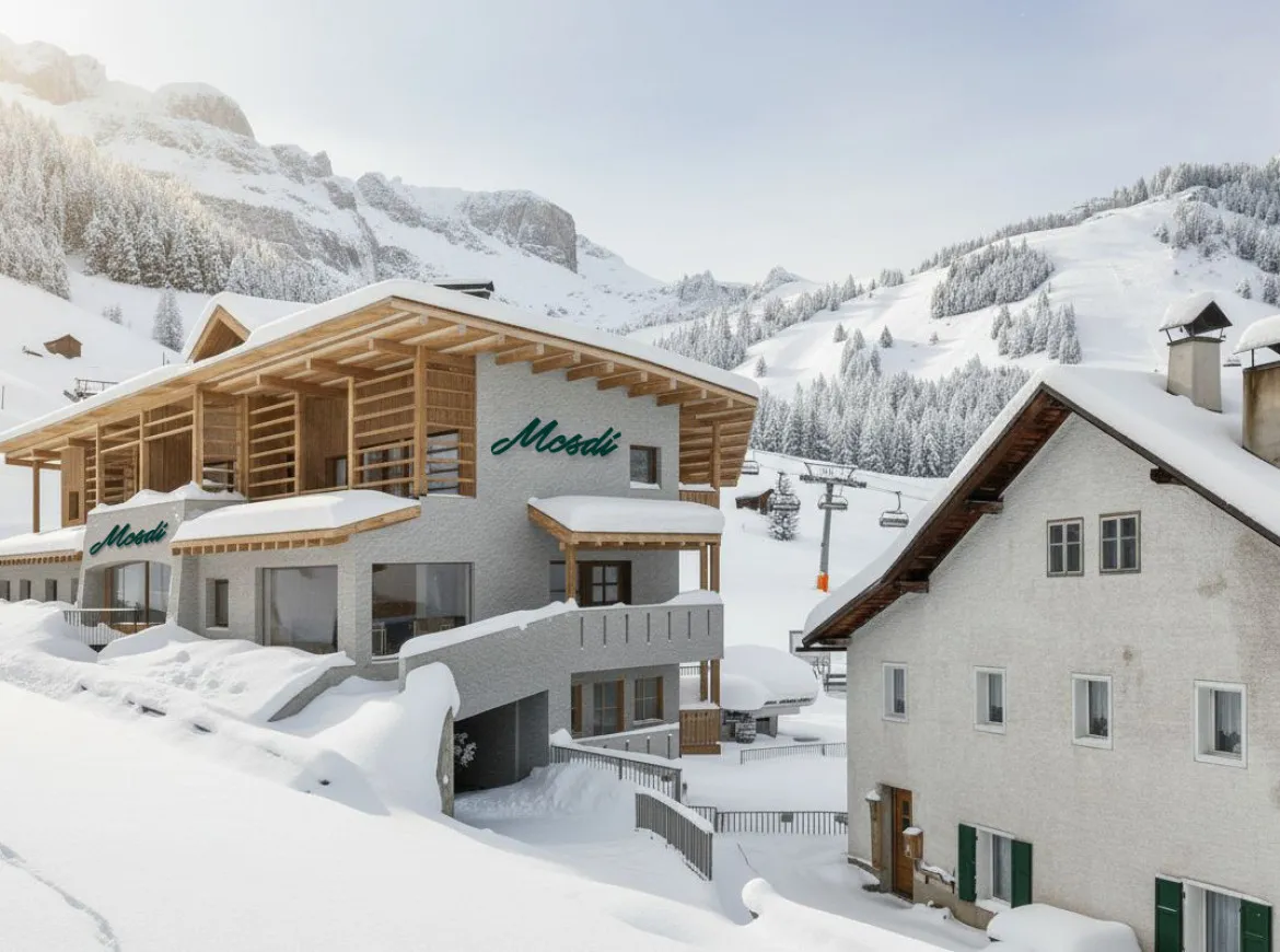 Hotel Mesdì im Winter mit direktem Ski-in/Ski-out Zugang zu den Pisten – ideal für Skibegeisterte.